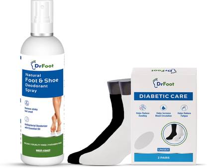 Dr Foot Natural Foot Sanitizer & Shoe Deodorant Spray– 100ml & Diabetic & Arthritis Socks | Unisex, Free Size | 2 pairs (Black, White)