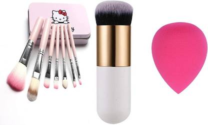 COLOR NEXT Mini Brush Kit with Storage Box & Sponge Puff & Foundation/Blush Brush (Set of 9 Pieces Sponge Puff color may vary) (Pink)