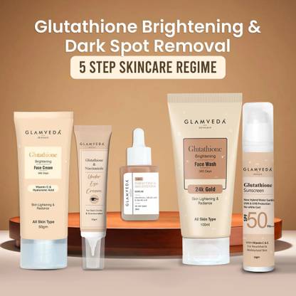 GLAMVEDA Glutathione 5 Step Routine with Pouch | Face Wash, Serum, Cream, Eye Gel & Sunscreen| Skin whitening & brightening kit|Skincare|
