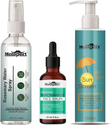 Mensport Rosemary Hair Spray 100ml, Niacinamide Face Serum 30ml SPF 50++ Sunscreen 100ml