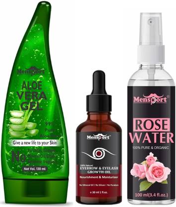Mensport Multipurpose Aloe Vera Gel 130ml, Eyebrow Growth Oil 30ML & Rose Water 100ml