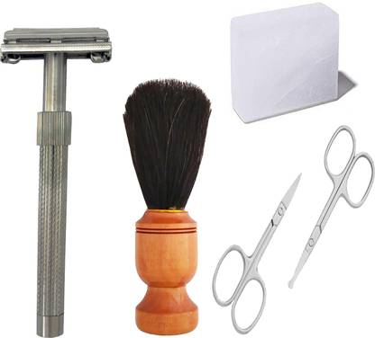 MGP FASHION shaving combo kit with silver metal razor shaving brush alum and nose and eyebrow scissor