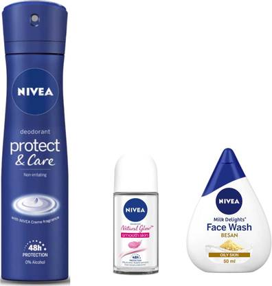 NIVEA Protect & care Female Deo and NG Smooth Skin 25ml Roll On Besan 50ml FSet of 3pc