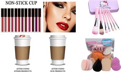 WEEPER 7 Pcs Makeup Brush With Storage Box, 6in1 Makeup Blender Sponges Puff & 12Pcs Red Liquid Lipstick