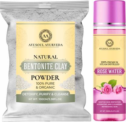 Ayusoul Ayurveda Bentonite Powder 100gm+Rose water 120ml combo Face & Skin Glow &100% Natural
