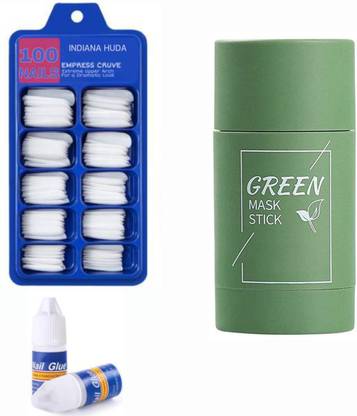 INDIANA HUDA 100 Pcs Reusable Acrylic False Nails With Nail Glue & Green Tea Purifying Clay Stick Mask Anti Acne Cleaning Solid Mask