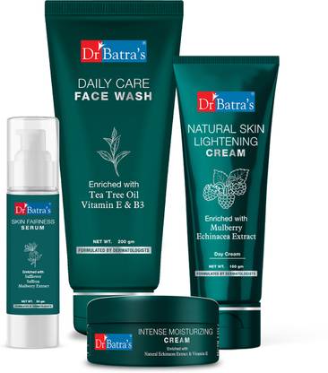 Dr Batras Skin Fairness Serum – 50 G, Face Wash Daily Care – 200 gm, Natural Skin Lightening Cream – 100 gm and Intense Moisturizing Cream -100 G (Pack of 4)  (4 Items in the set) at Rs. 312
