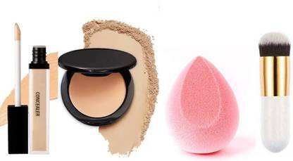 YELGO MAKEUP COMBO KIT PRESSED POWDER COMPACT+CONCEALER+ BRUSH +Beauty Blender Puff