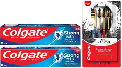 Colgate Strong Teeth Toothpaste - 200gmx2 & ZigZag Charcoal Toothbrush