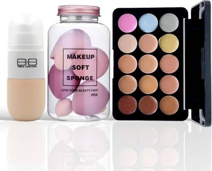 HUDA CRUSH Beauty 3-in-1 Combo Kit - B.B Makeup Foundation, 15-Color Concealer Palette, and 6-Piece Sponge Jar for Flawless Beauty