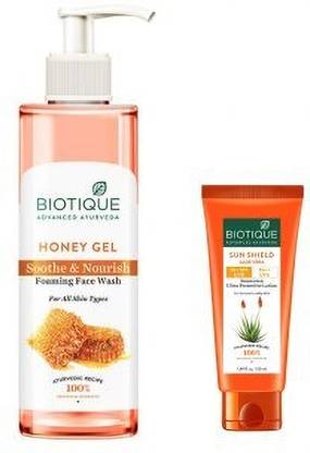 BIOTIQUE HONEY GEL FACE WASH 200ML, SUNSHIELD ALOEVERA SUNSCREEN 30+SPF 50ML