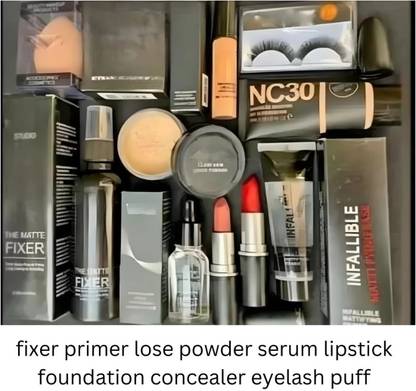 Mixonshun Makeup Combo 10 pcs Fixer, Primer, Loosepowder, 2Lipsticks, Serum, Foundation, Eyelash Etc