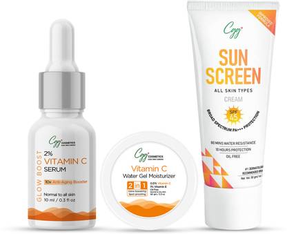 CGG Cosmetics Hyperpigmentation reduction 2% Vitamin C Serum 10 ML Vitamin C Water Gel Moisturizer 90 GM Sunscreen Cream SPF 45 50 GM