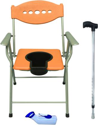 Sahara Grey Coated Orange Design Chair With Pot , Walking Stick & Urine Pot Commode Chair