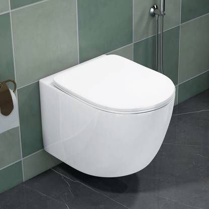 Plantex Ceramic Rimless Wall Hung Commode for Toilet/P-Trap Western Commode/Commode with Soft Closing Toilet Seat - (Round ,APS-3044) Western Commode