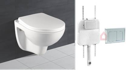Bherunath Water Closet Wall Mounted with Soft Seat Cover Flushing Cistern Concealed Cistern with Chrome Flush Plate - 10 L (Large) Western Commode