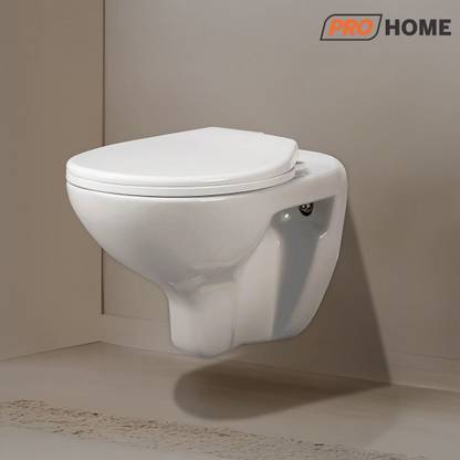 ProHome Wall Mounted Elongated Ceramic WC , Glossy White Premium Design Water Closet/Commode With Soft Close Toilet Seat Western Commode