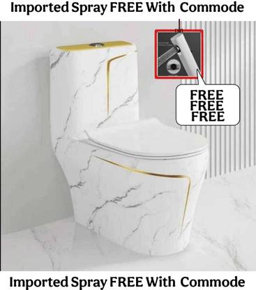 D O T 9908 Premium Quality Cool White Marble commode with Yellow Finishing Line and Round Flush Button Western Commode