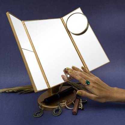 Stelliferous 10x Trifold Makeup Mirror with Adjustable LED|Battery + USB Plugin (Gold)