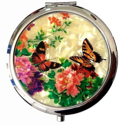 AuM Round Foldable Hand Held Double Sided Magnifying Glitter Vanity Mirror