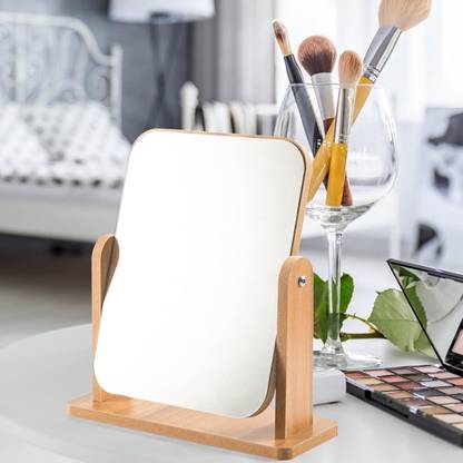 omdaenterprise Dressing Table Square Mirror with Natural Wood Frame Finish