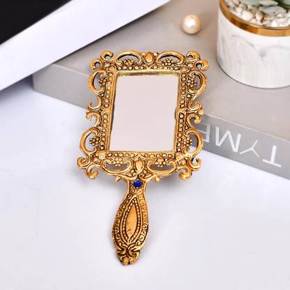 Ascension Beautifully Carved Square Shape Gold Plating Metal Hand Mirror