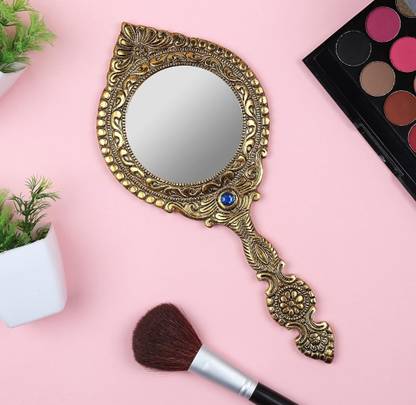 SP Handicrafts Beautifully Round Shape Hand Mirror For Makeup with Large Grip Handle