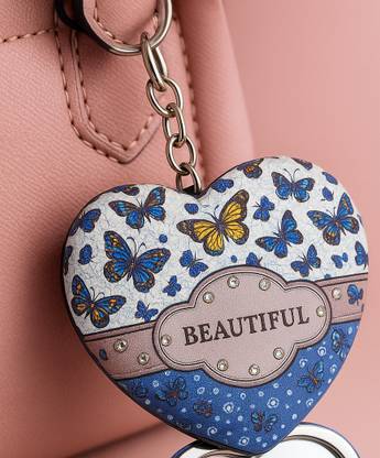 INDUVIA heart-Shaped Compact Mirror Keychain – “Beautiful” Print with Butterfly Design