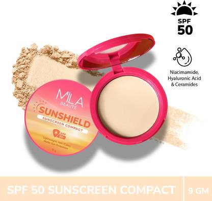 MILA BEAUTÉ Sun Shield Sunscreen Compact Powder SPF 50 PA+++ UV Protection with Niacinamide| Compact