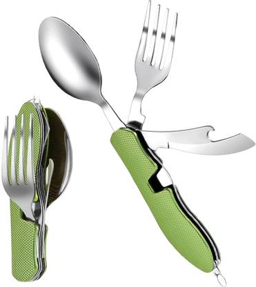Zibuyu 4 in 1 Camping Tableware Folding Fork Spoon Cutter Bottle Opener Travel Tool Compass