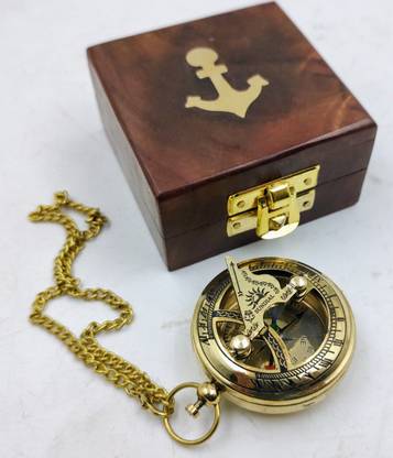 Ascent India Brass mini sundial compass chain wood box push button compass Compass