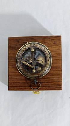 NFC ntique Brass Sundial Compass Push Button with Wooden Box Compass
