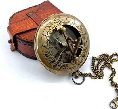 BIJLI CRAFT Brass Sundial Compass with Leather Case and Chain - Push Open Compass Compass