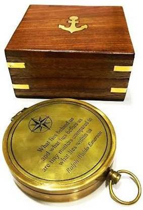 FINESTORE Antique Brass Compass 3" Engraved Compass with Wooden Box Compass