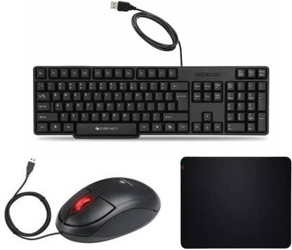 ZEBRONICS K20 Wired Keyboard, Rise Wired Optical Mouse and Mouse PAD Combo Set Designed for Gaming