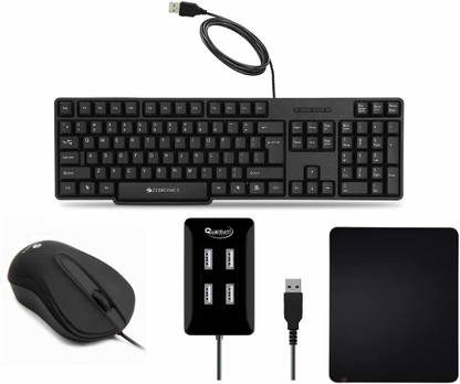 ZEBRONICS K20 Wired Keyboard, Wing Wired Optical Mouse, 4 port USB Hub and Mouse PAD Combo Set