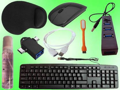 ANJO Keyboard-Wireless Mouse-Wrist Support Pad-2.0 Hub-Cleaner-2in1 OTG-Ext Cable-LED Combo Set