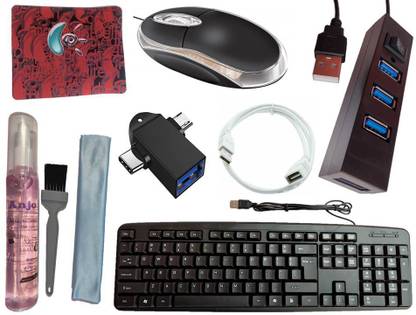ANJO USB Keyboard-LED Mouse-Pad-2.0 Hub-3in1 Cleaning Kit-OTG M&C 2in1-Ext Cable 1.5m Combo Set