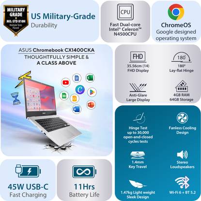 ASUS Chromebook Intel Celeron Dual Core N4500 - (4 GB/64 GB EMMC Storage/Chrome OS) CX1400CKA-NK0453 Chromebook