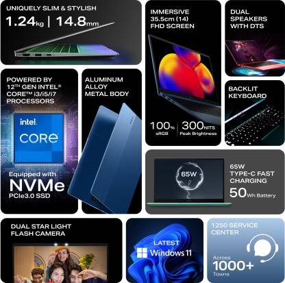 Infinix X3 Slim Intel Core i7 12th Gen 1255U – (16 GB/512 GB SSD/Windows 11 Home) XL422 Thin and Light Laptop  (14 Inch, Blue, 1.24 Kg)