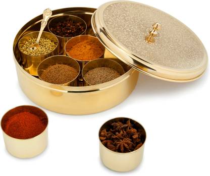 Brass Globe BRASS MASALA BOX | BRASS MASALADANI | SPICE CONTAINER | FLORAL ETCHED BOX Container Serving Set