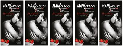 MANFORCE Condoms 3 in 1 Ribbed, Contour, Dotted, Strawberry Flavoured Condoms ,10 x 5 Condom