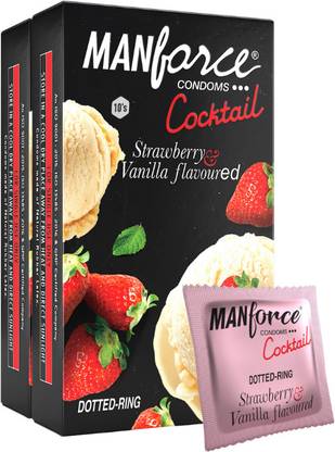 MANFORCE Cocktail Condoms with Dotted-Rings, Strawberry & Vanilla Flavoured- 10 Pieces x Pack of 2 Condom