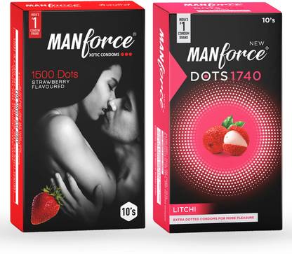 MANFORCE 3 in 1 Wild Ribbed Contour Dotted Strawberry Flavor Condoms - 10 Pieces & Extra Dotted Litchi Flavoured Condoms - 10 Pieces Condom
