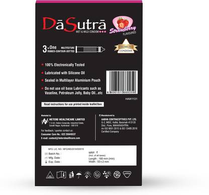 Da Sutra Wet and Wild Condoms in 3 Flavors - Strawberry - Pack of 3 Condom Condom