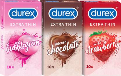 DUREX multiflavored extra thin condoms for men – Bubblegum, Wild Strawberry, Intense Chocolate – 10 count (Pack of 3) | Sensually flavored condoms for fun & adventure Condom  (Set of 3, 30 Sheets) at Rs. 225