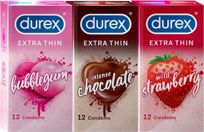 DUREX Extra Thin Intense Strawberry Bubblegum And Chocolate Flavoured Combo Condom