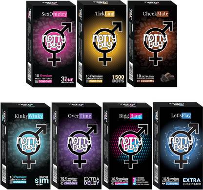 NottyBoy Condom Honeymoon Pack - Extra Thin, Ribbed, Extra Dotted, Extra Lubricated, Contour, Delay and Flavoured Condom