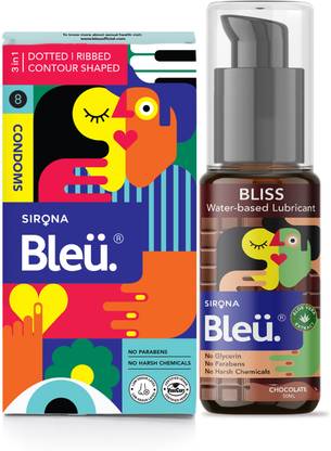Bleu 3 In 1 Dotted Condoms & Bliss 100% Water Based Lubricant Chocolate Flavour 50ml Condom