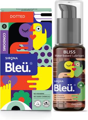 Bleu Dotted Condoms & Bliss 100% Water Based Lubricant Chocolate Flavour 50ml | Condom